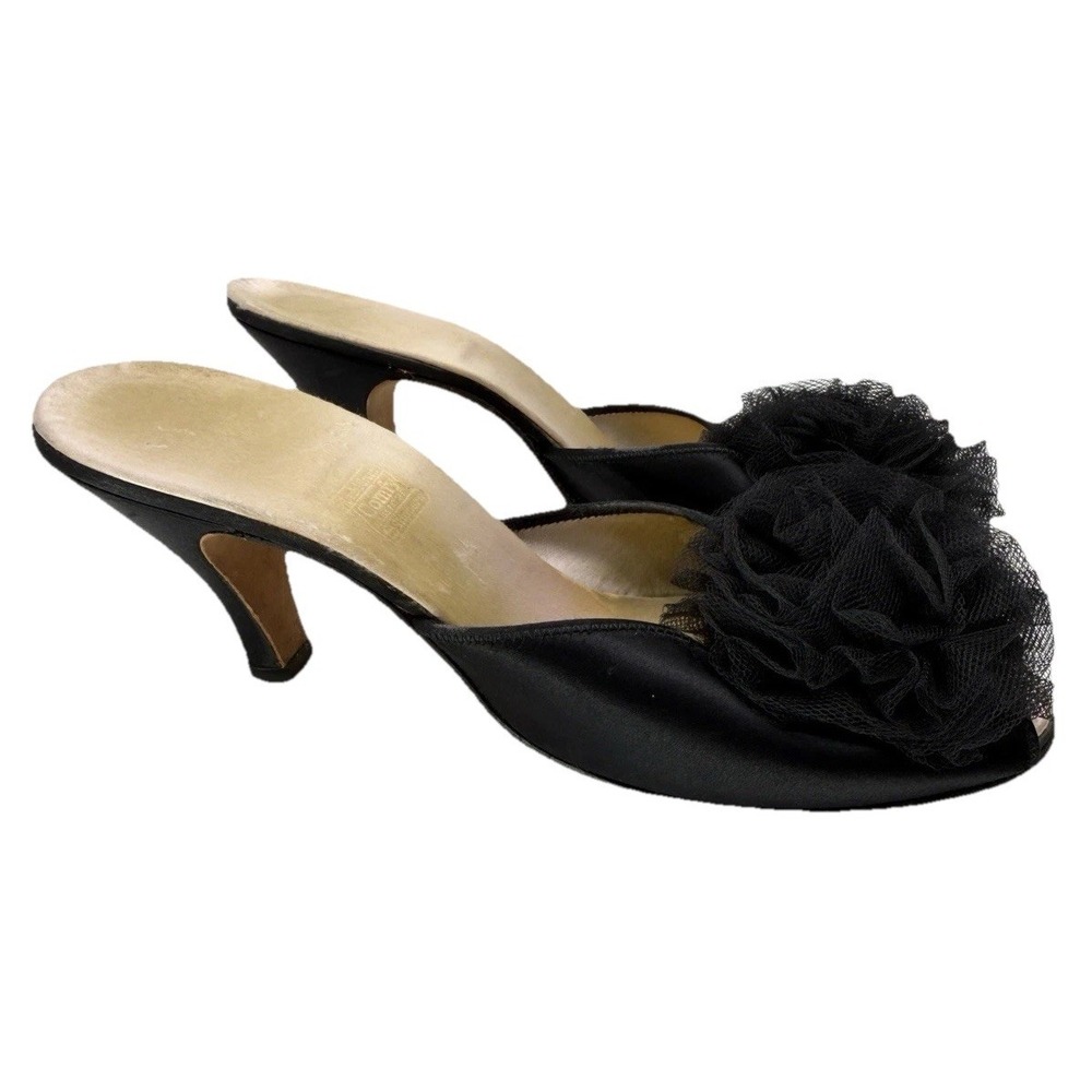 Vintage Daniel Green Black Satin Tulle Pompom Boudoir Slipper Size 6 Old Money